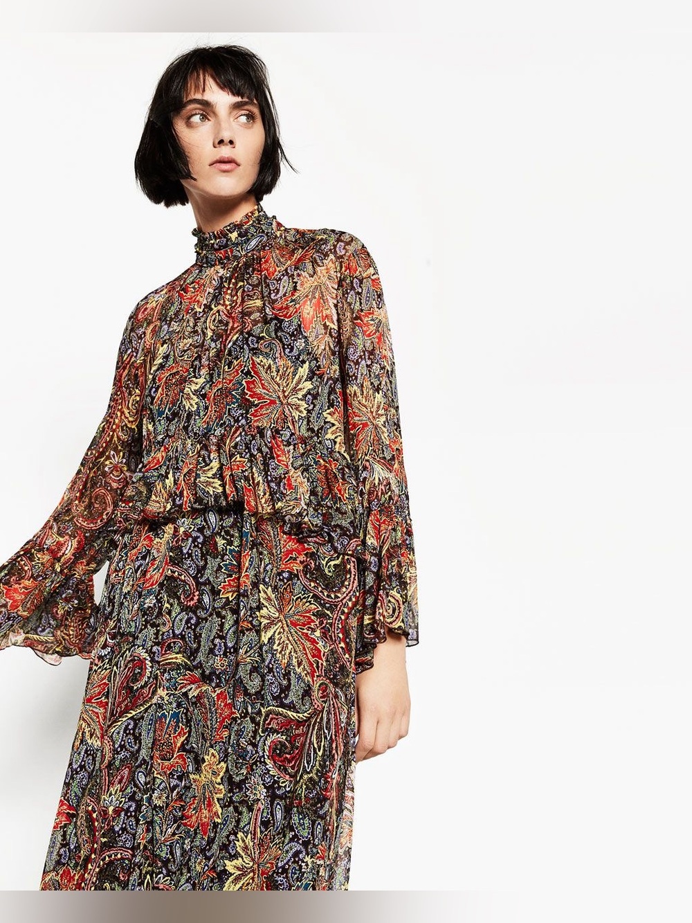 Zara Woman Paisley Leaf Print Sheer Midi Dress Ruffle Neck Bell Sleeve XS